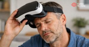 persona quitándose gafas de realidad virtual con fatiga visual y ojos cansados