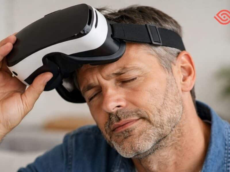 persona quitándose gafas de realidad virtual con fatiga visual y ojos cansados
