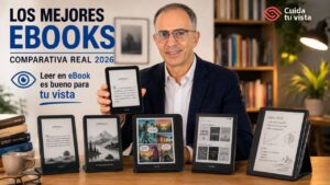 Comparativa de los mejores lectores de ebooks: Kindle, Paperwhite, Kobo y BOOX sobre una mesa, con el texto 'Leer en eBook es bueno para tu vista'