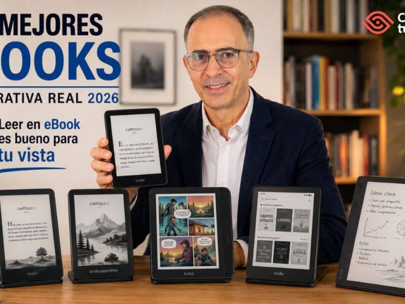 Comparativa de los mejores lectores de ebooks: Kindle, Paperwhite, Kobo y BOOX sobre una mesa, con el texto 'Leer en eBook es bueno para tu vista'