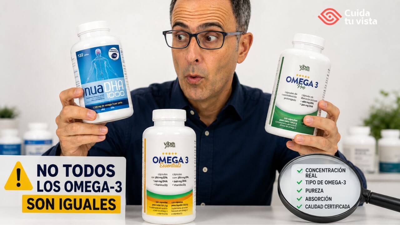 Ramón García, óptico-optometrista, mostrando las mejores marcas de Omega 3 con certificado IFOS