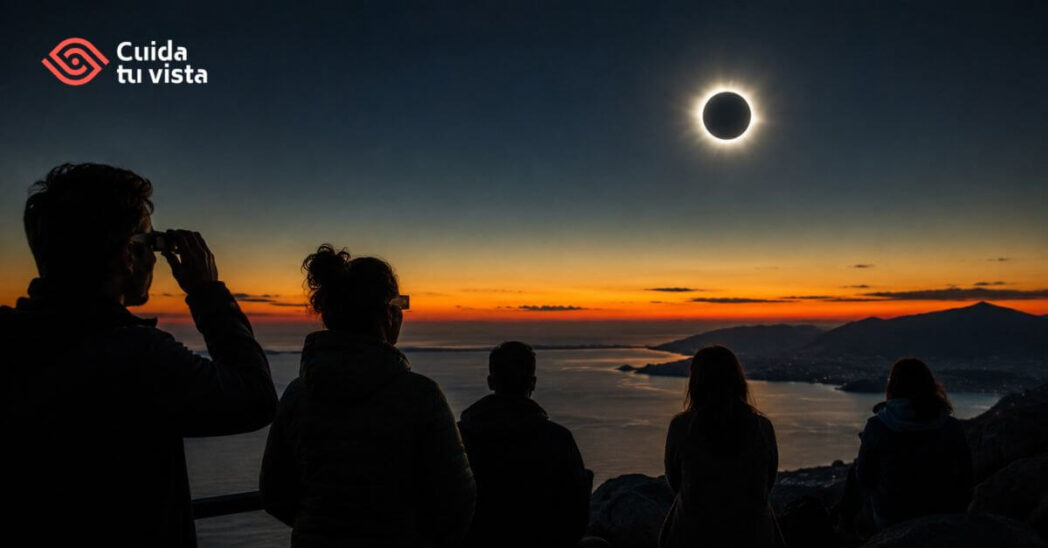 Grupo de personas observando la totalidad de un eclipse solar al atardecer