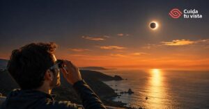 Persona observando un eclipse solar con gafas homologadas para eclipses