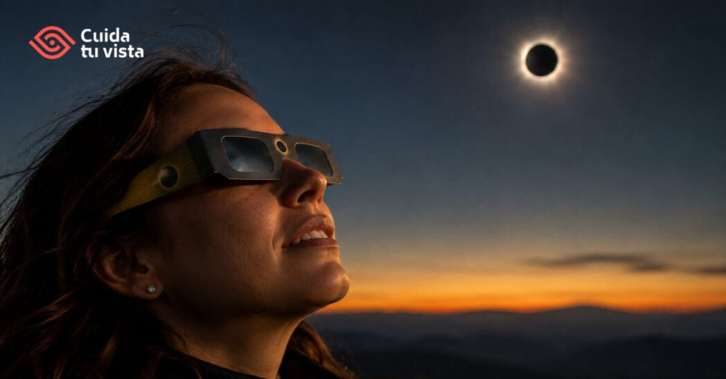 Persona utilizando gafas homologadas ISO 12312-2 para observar un eclipse solar