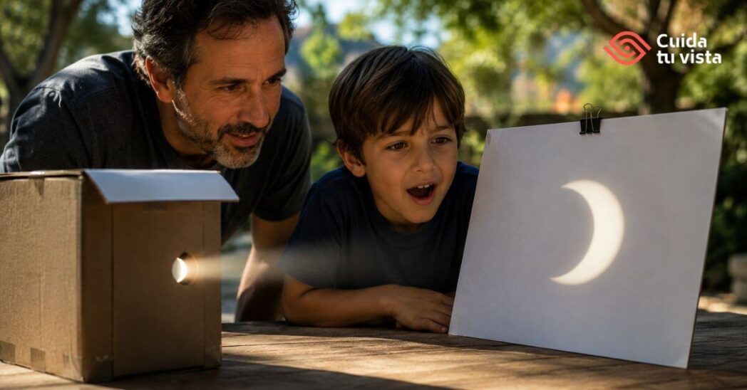 Niño observando la proyección de un eclipse solar sobre una cartulina blanca
