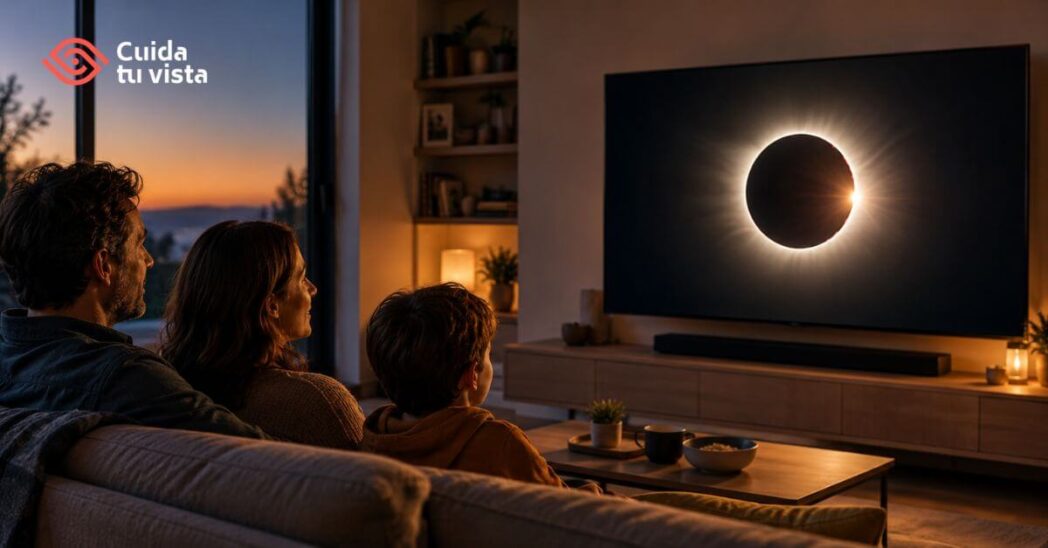 Familia siguiendo una retransmisión online del eclipse solar desde casa