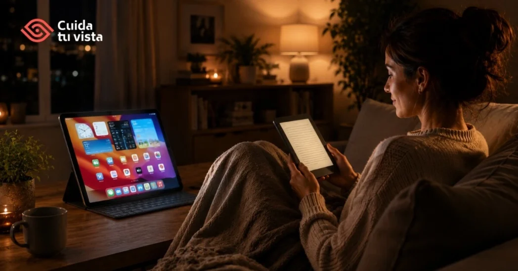 eReader con luz cálida regulable frente a una pantalla convencional de una tablet